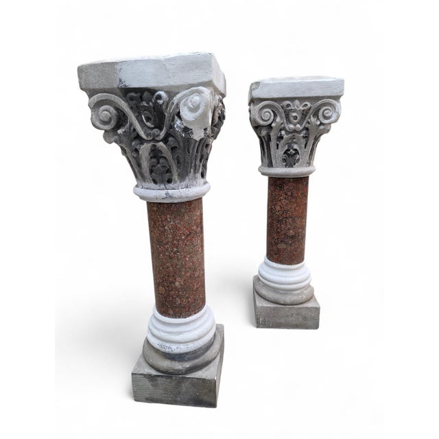 Traditional Antique Italian Marble & Sculpted Stone Pedestals From Roman Church Altar - Pair For Sale - Image 3 of 8
