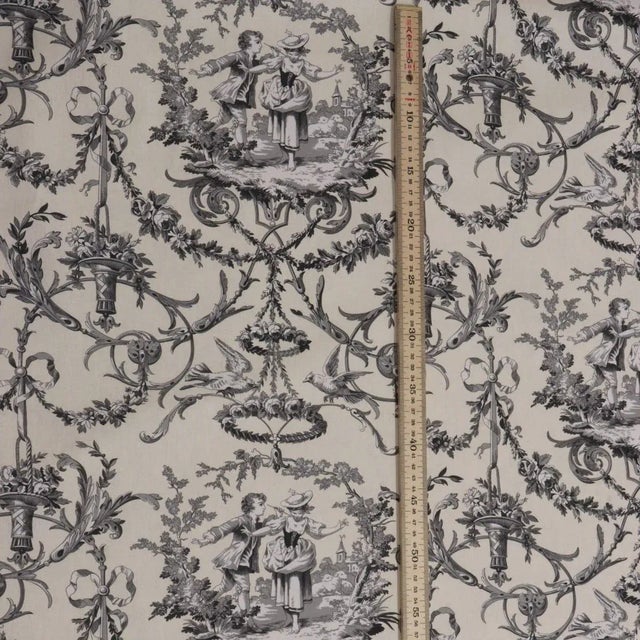 Double Width Fragonard Toile Charcoal on Cream Fabric - Sample For Sale - Image 4 of 5
