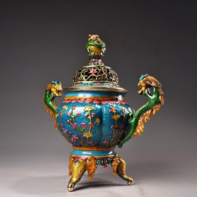 Traditional Late 20th Century Cloisonné Enamel Censer With Dragon Handles and Floral Motifs For Sale - Image 3 of 9