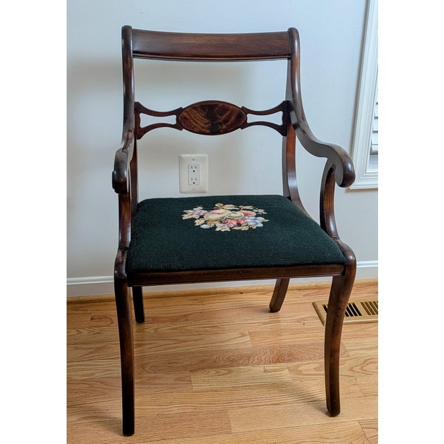 Set of 4 Duncan Phyfe / Regency-Revival Mahogany Dining Chairs, C. 1940s–60s — One Armchair, Needlepoint Seats For Sale - Image 9 of 12