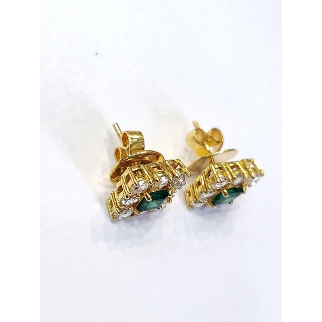 Set in 18k Gold, Natural Zambian Emerald & Yellow Rose Cut Diamonds Stud Earrings, Pair For Sale - Image 4 of 7