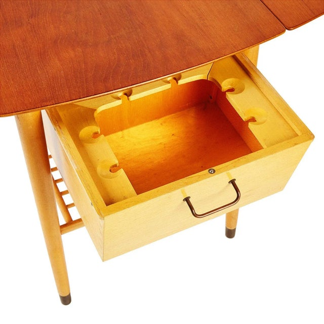 Wood Custom Handcrafted Teak Drop Leaf Table With Wine Storage For Sale - Image 7 of 8
