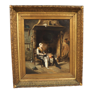 19th Century French Oil on Canvas Painting, a Quiet Evening by the Hearth