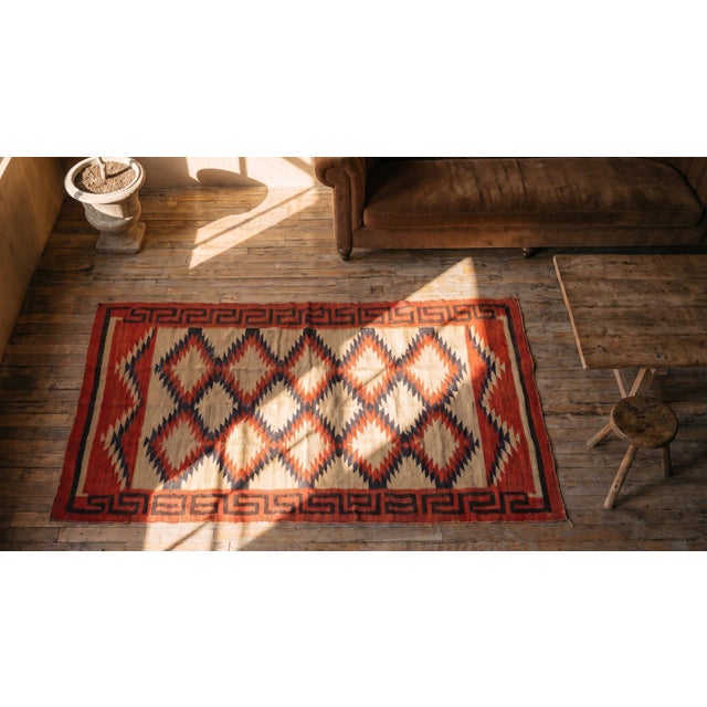 1930s Ivory Red Geoemtric Tribal American Navajo Rug 4'5" X 6'2" Flatweave Wool Carpet For Sale - Image 9 of 9