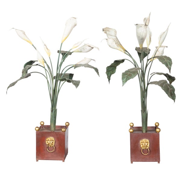 Green Pair of Italian 1930s Tôle Calla Lillies Sculptures in Red and Gold Containers For Sale - Image 8 of 12