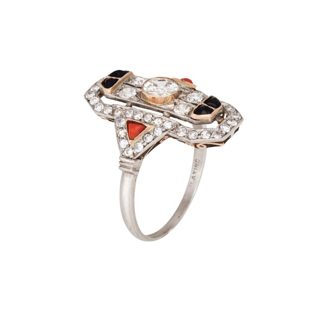 Art Deco Vintage Art Deco Diamond Ring Coral Onyx Platinum Plaque Size 9.75 For Sale - Image 3 of 7