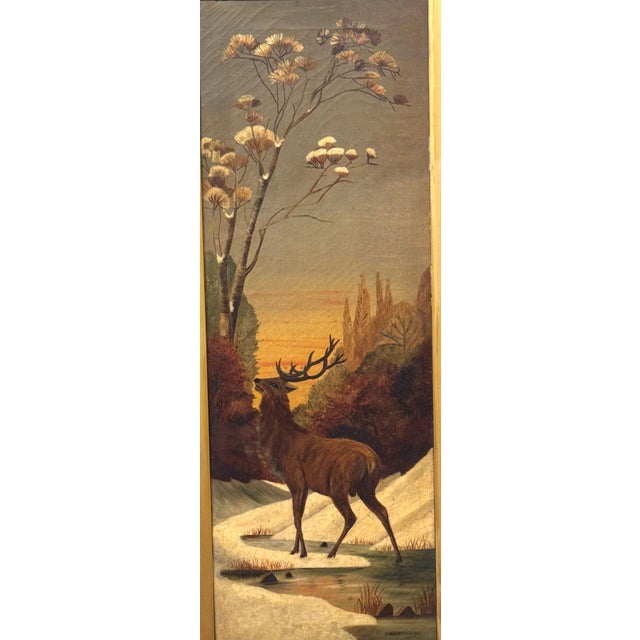 Wood Pair American Sporting Paintings Elk & White-Tailed Deer Buck, Signed A. Crozier For Sale - Image 7 of 18