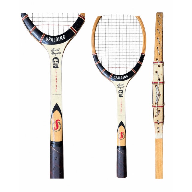 Mid-Century Modern Set of 3 Vintage Wooden Tennis Rackets - Tad Imperial, Spalding Pancho Gonzales Signature & Doris Hart Signature + Original Press | Circa 1955–1969 For Sale - Image 3 of 5