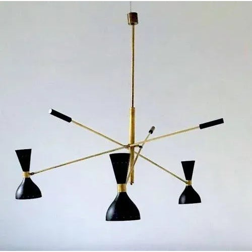 Black and brass adjustable three-arm Triennale style chandelier Please note price listed is for one chandelier as I have...