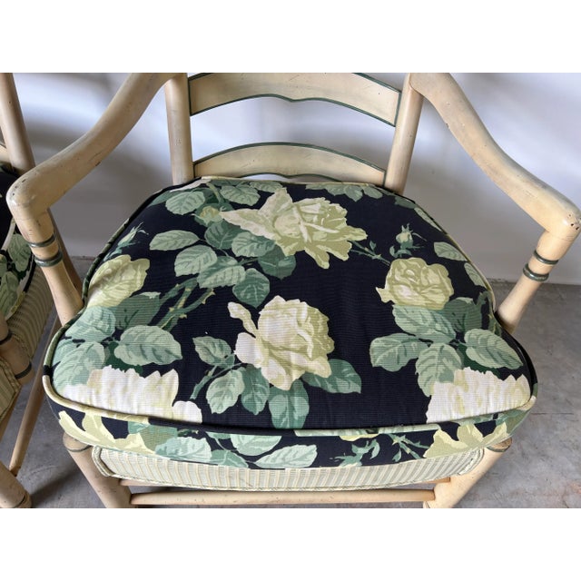 Wood Vintage French Provincial - Style High. Ladder Back Arm Lounge Chairs - A Pair/ Sold For Sale - Image 7 of 13