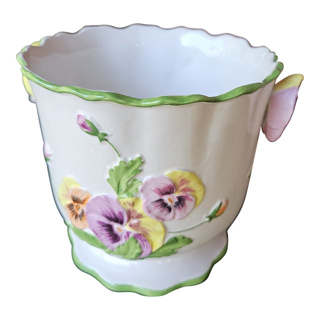 Charming 80s Italian Ceramic Cache Pot With Pansy Handles and Decoration For Sale