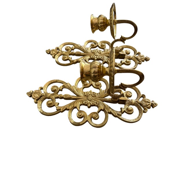 1970s Vintage Solid Brass Baroque Wall Sconces Pair -W/ Detachable Holders Heavyweight Made in India For Sale - Image 5 of 12
