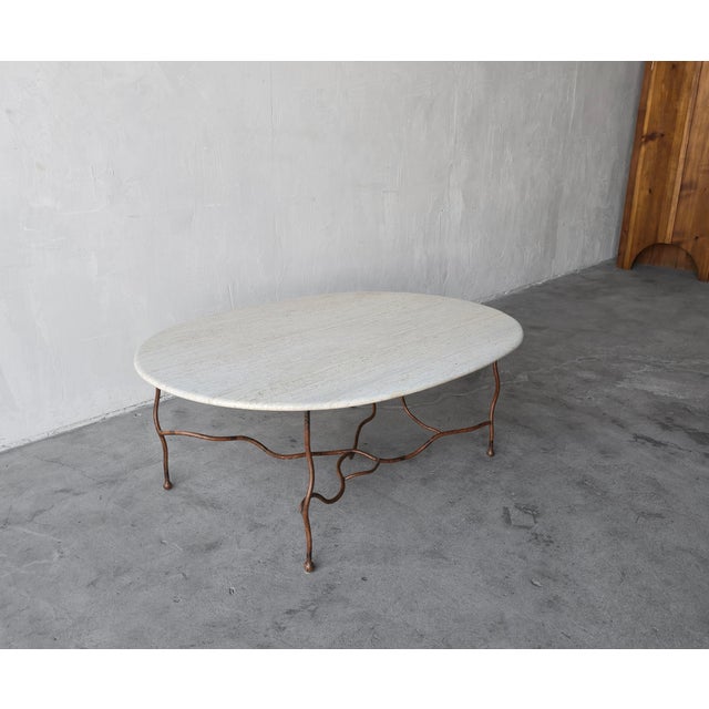 1980s Oval Travertine Coffee Table With Hand-Forged Iron Base For Sale - Image 5 of 11