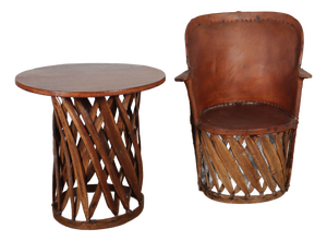 Set of Spanish Leather and Willow Armchair and Table, 1920s