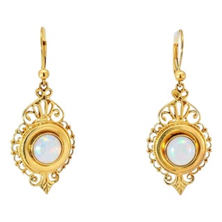 Late 19th Century Pair of 14K Yellow Gold Filigree Opal Drop Earrings Victorian Revival Estate For Sale