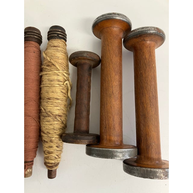 Coffee Antique Wooden Textile Bobbins With Original Thread – Group of 10 For Sale - Image 8 of 14