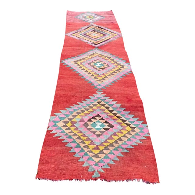 Vintage Turkish Red Diamond Pattern Flat Weave Kilim Rug For Sale