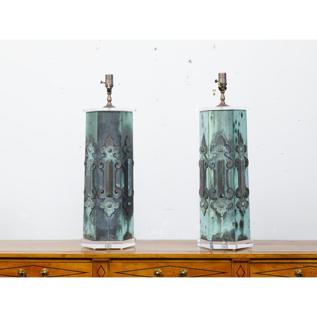 19th Century 19th Century French Copper Table Lamps with Verdigris Patina - Pair For Sale - Image 5 of 10