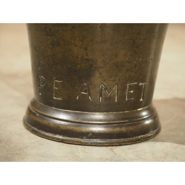 18th Century Bell Shaped French Bronze Mortar With Pestle, Inscribed Pe Amet For Sale In Dallas - Image 6 of 11