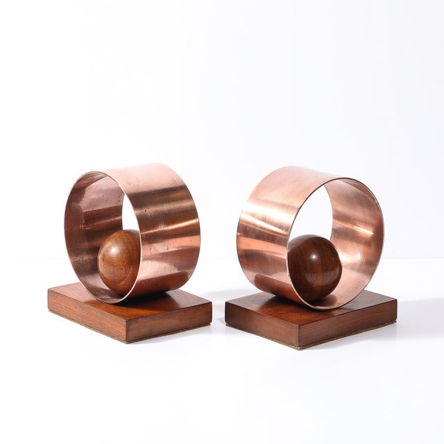 Wood Pair of Art Deco Machine Age Loop Form Bookends in Copper & Walnut For Sale - Image 7 of 10