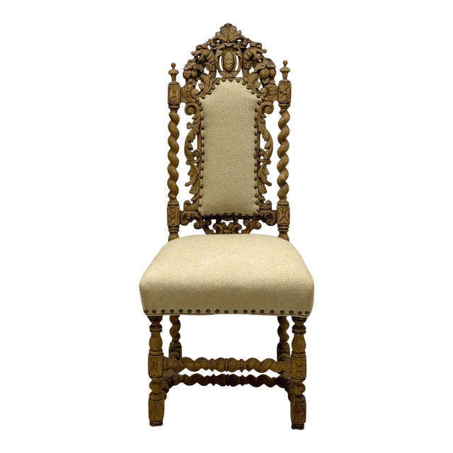 19th- C. English Bleached Carved Oak Side Chair in Linen For Sale