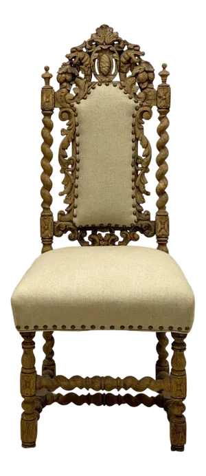 19th- C. English Bleached Carved Oak Side Chair in Linen