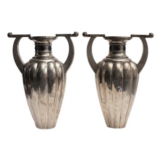 Antique Silver Fluted 800 Vases by Bellotto, Italy, Set of 2 For Sale