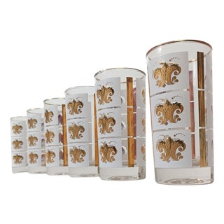 Vintage Highball Glasses with Gold Enameled Florentine Lily, 1950s, Set of 6 For Sale