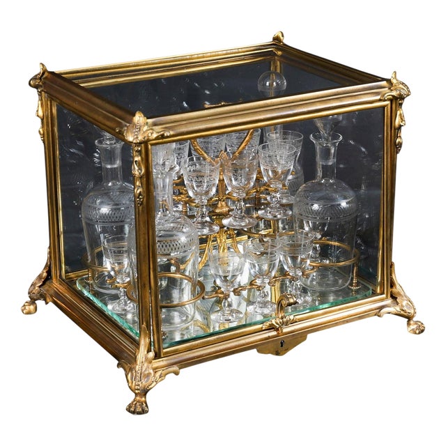Antique French Bacarrat Ormolu and Glass Liqueur Cabinet, 1800s, Set of 21 For Sale