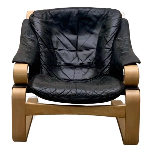 1960s Mid Century Scandinavian Modern Bentwood Black Leather Lounge Chair For Sale