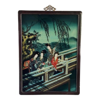 Antique Chinese Painting Depicting Traditional Women on Glass in Rosewood Frame With Bronze Detail For Sale