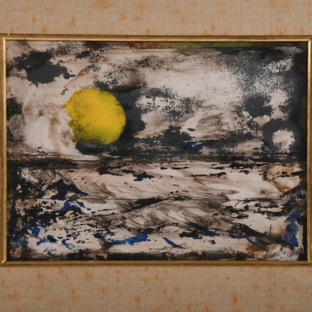 Immerse yourself in the stormy mystique of the Framed Signed J. Akston "Untitled" Abstract Landscape Oil on Board, a...