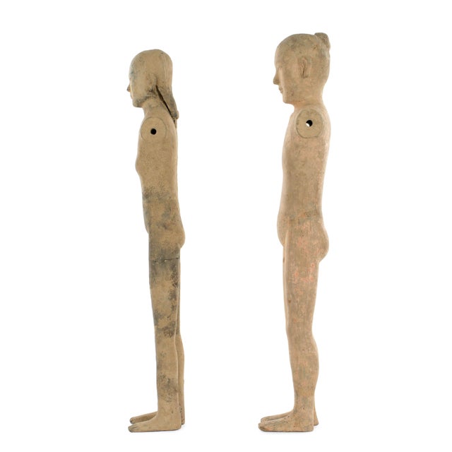 Two Chinese Han Dynasty Tall Slender Terracotta Stick Man Figures For Sale In Tampa - Image 6 of 8