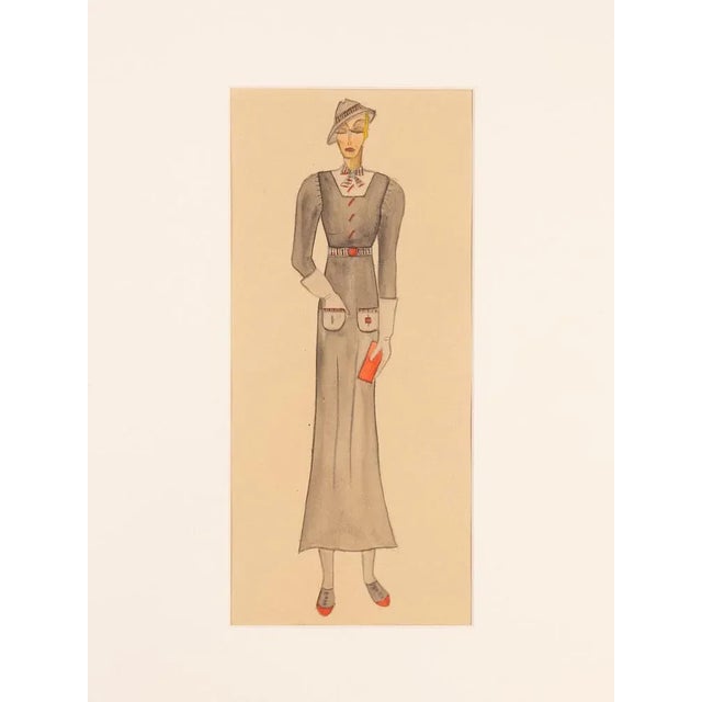 Art Deco Fashion Drawings I, Gouache on Paper, Framed For Sale - Image 4 of 13