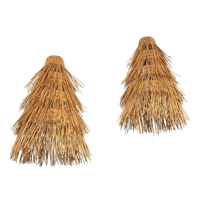 Pair of Conical Shaped French Rattan Pendant Lights For Sale