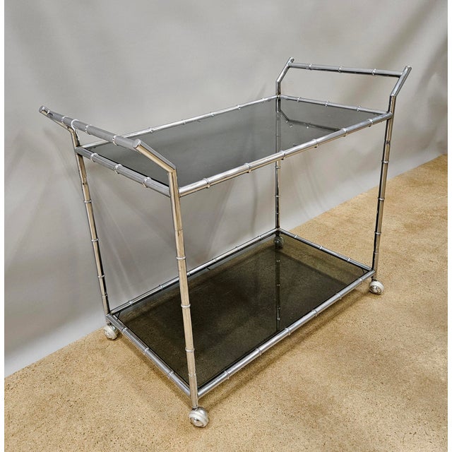 1970s Mid-Century Modern Large Faux Bamboo Steel and Smoked Glass Bar Cart For Sale - Image 4 of 11
