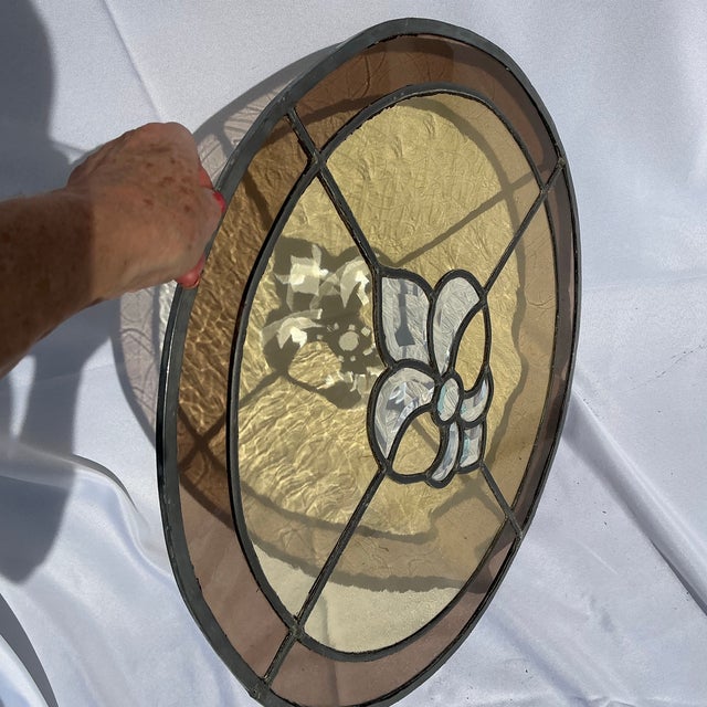 Large Vintage Round Stained Glass and Beveled Glass Round Panel For Sale - Image 6 of 11