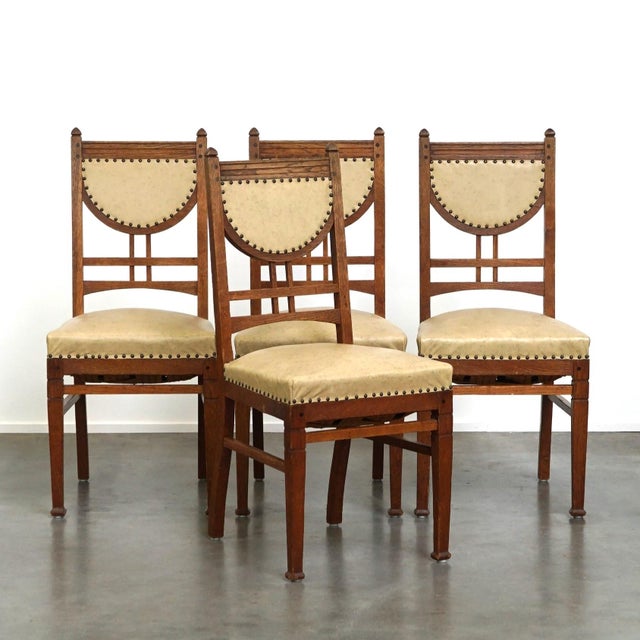Antique Art Nouveau Style Dining Chairs with Light Skai Leather Upholstery, Set of 4 For Sale - Image 14 of 14