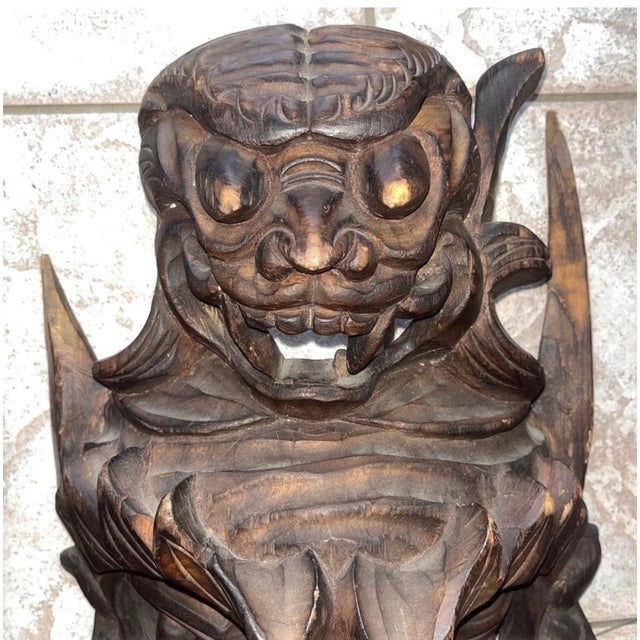 Brown Vintage or Antique Hand-Carved Asian Wooden Guardian or Demon Masks, Often Featuring Stacked or Multi-Tiered Faces With Fierce For Sale - Image 8 of 14