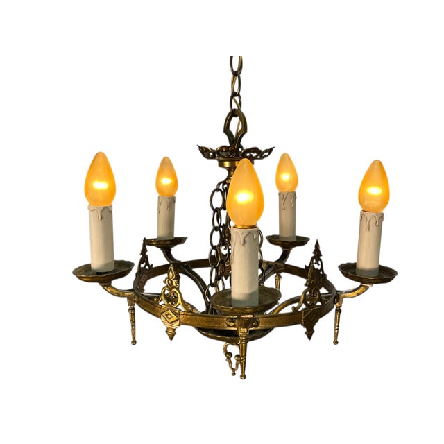 1920s Cast Brass 5 Light Chandelier With White Candles For Sale - Image 4 of 10