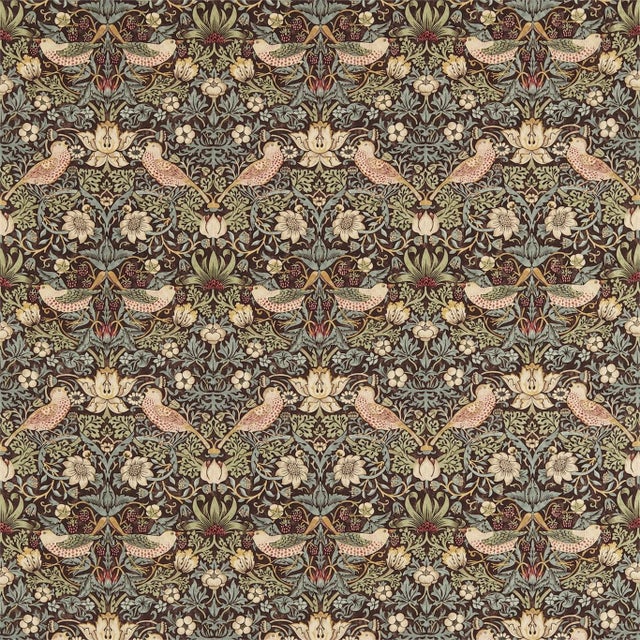 Morris & Co Strawberry Thief Fabric in Chocolate/Slate - a Sample For Sale