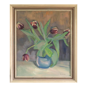 1947 Mid-Century Modern 'Tulips in a Blue Vase' Vintage Swedish Floral Still Life Oil Painting, Framed