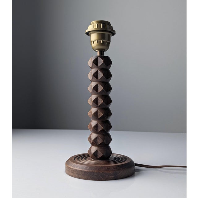 Vintage Table Lamp in Oak with Parchment Leather Shade by Charles Dudouyt, France, 1950s For Sale - Image 9 of 11