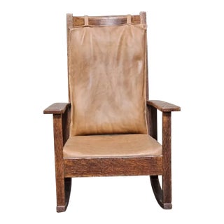 Early 20th Century Stickley Oak Mission Style Rocking Chair With Brown Leather/ Faux Leather Cover For Sale