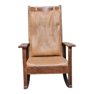 Early 20th Century Stickley Oak Mission Style Rocking Chair With Brown Leather/ Faux Leather Cover