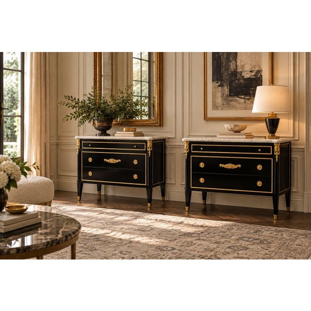 Maison Jansen Style, Hollywood Regency, Commodes, Ebonized Wood, Bronze, Marble, 20th century A fine pair of Louis XVI...