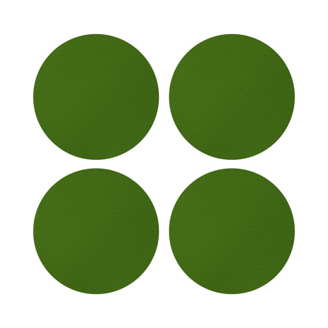 Solid Moss Vegan Leather Round Cane Placemat, Set of 4 For Sale - Image 4 of 5