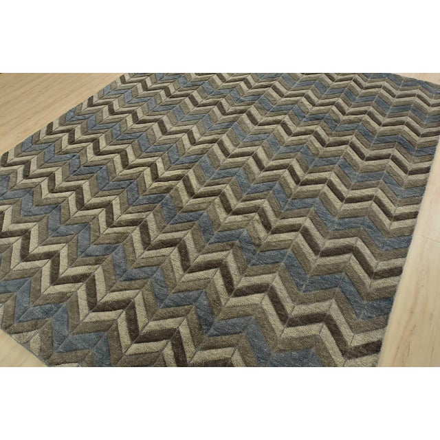 Contemporary Chevron Rug 8'1'' X 10'1'' Gray Blue Wool Contemporary Hand-Knotted Carpet For Sale - Image 3 of 12