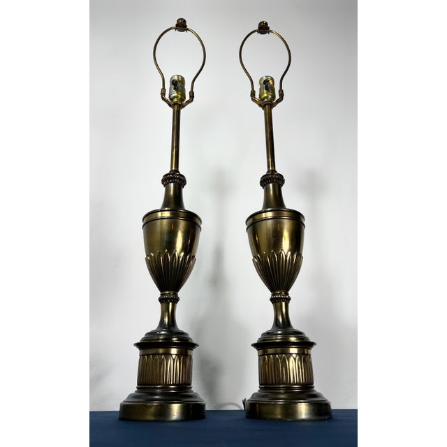 1960s 1960s Stiffel Hollywood Regency Architectural Brass Urn Lamps - Pair For Sale - Image 5 of 6