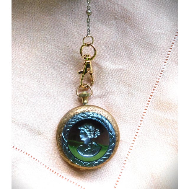 Vintage Victorian Gold Pocket Watch Locket, Green Cameo Woman, Long Art Glass Chain For Sale - Image 14 of 16